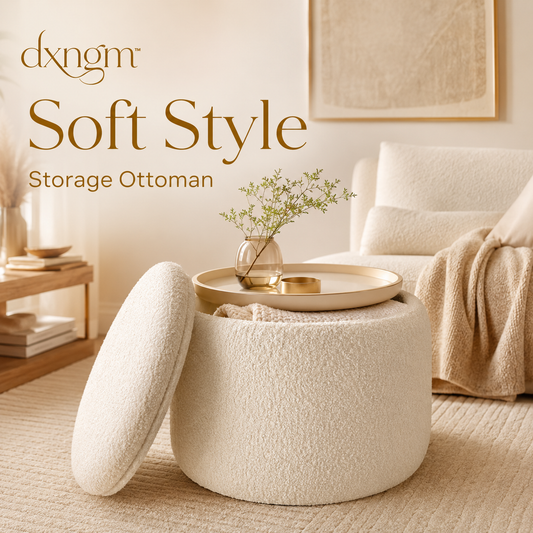 𝒅𝒙𝒏𝒈𝒎™ Cozy Bouclé Storage Ottoman – Round Footrest with Reversible Tray Lid