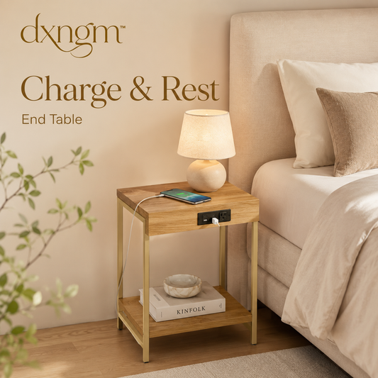 𝒅𝒙𝒏𝒈𝒎™ 2-Tier Charging Station End Table – Narrow Nightstand with USB Ports