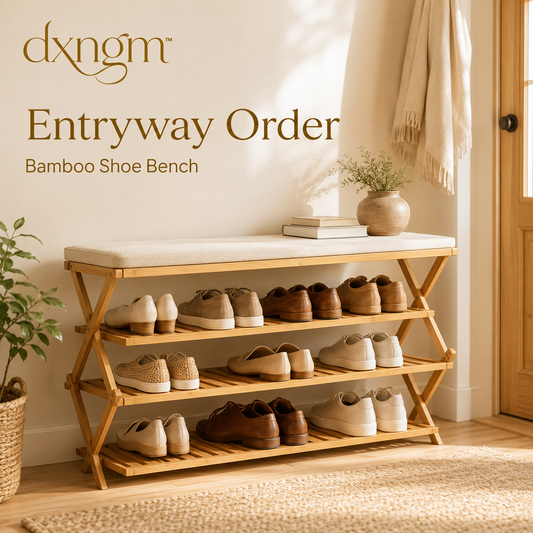 𝒅𝒙𝒏𝒈𝒎™ Foldable Bamboo Shoe Rack Bench – 3-Tier Entryway Shoe Organizer