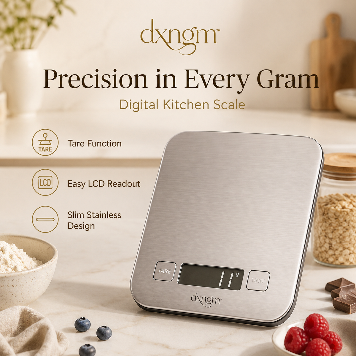 𝒅𝒙𝒏𝒈𝒎™ Precision Digital Kitchen Scale – Stainless Steel Food Scale with Tare Function