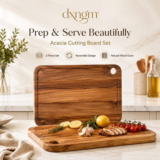 𝒅𝒙𝒏𝒈𝒎™ Reversible Acacia Wood Cutting Board Set – 2-Piece Chopping Boards with Juice Grooves