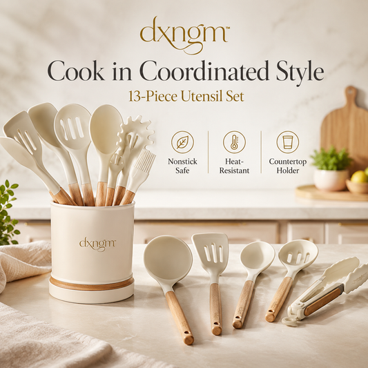 𝒅𝒙𝒏𝒈𝒎™ 13-Piece Silicone Kitchen Utensil Set – Heat-Resistant Cooking Tools with Wooden Handles